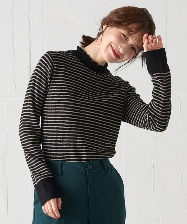 ANY 【洗濯機可/吸湿発熱】フリルネックリブニット ブラック×モカボーダー