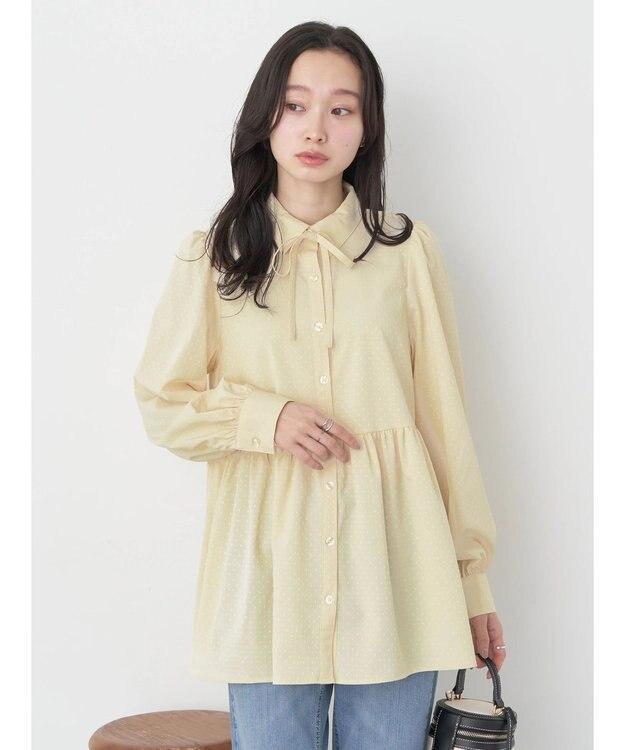 earth music&ecology リボン付き切り替えギャザーシャツチュニック Yellow