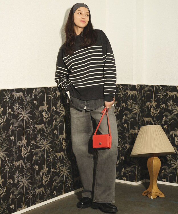 ANY 【5色展開】ハイネックデイリーニット チャコール×オフ