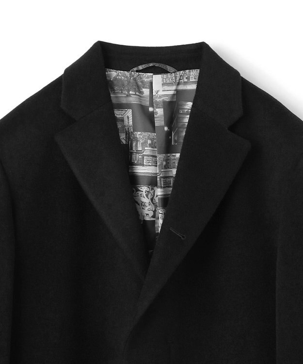 JOSEPH HOMME グロッシーウール 　チェスターコート　＜裏地：フォトコラージュプリント＞ ブラック系