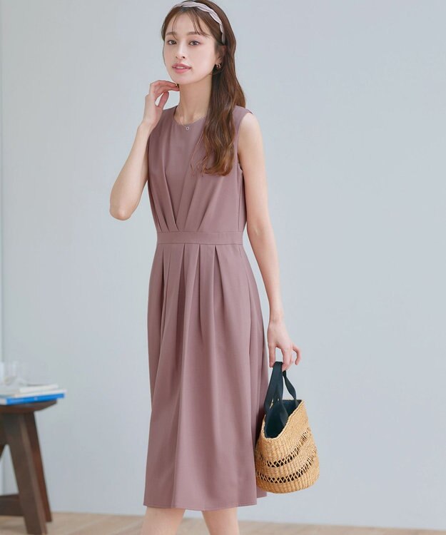 Tiaclasse L 【2TYPEスリーブ/半袖・ノースリーブ・洗える】タックフレアワンピース ノースリーブ：ピンク