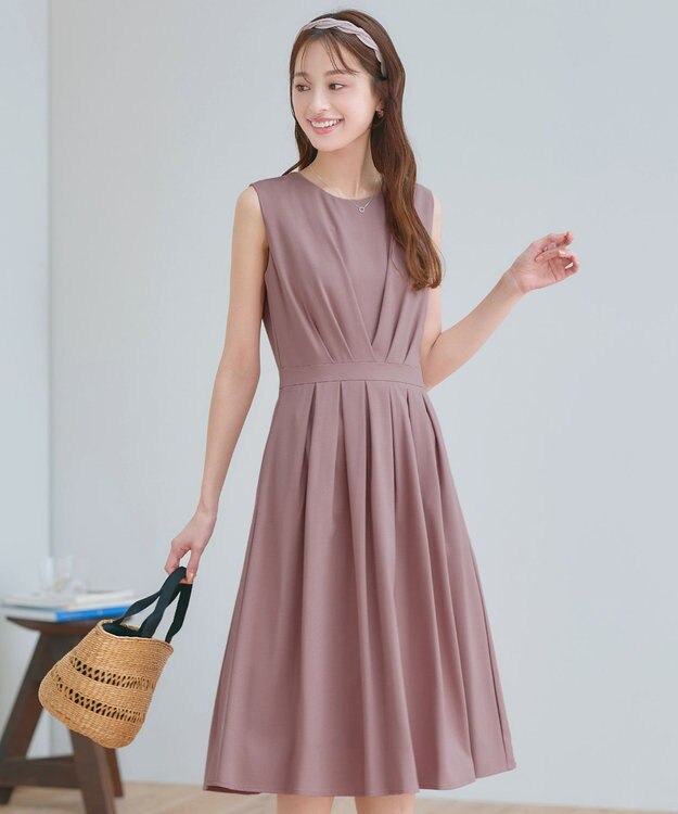 Tiaclasse L 【2TYPEスリーブ/半袖・ノースリーブ・洗える】タックフレアワンピース ノースリーブ：ピンク