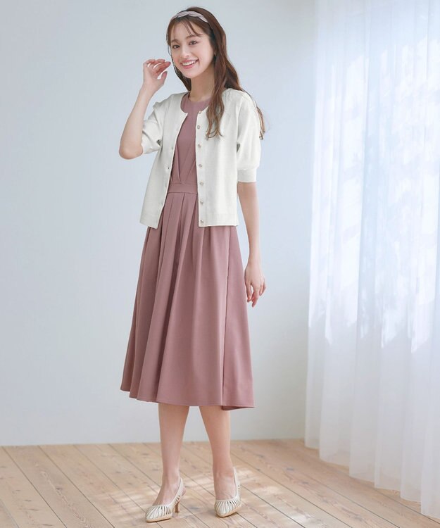 Tiaclasse L 【2TYPEスリーブ/半袖・ノースリーブ・洗える】タックフレアワンピース ノースリーブ：ピンク