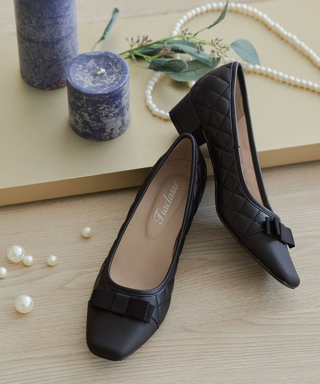 Tiaclasse 【安田美沙子さん着用・撥水】リボンキルティングパンプス　レインシューズ ブラック