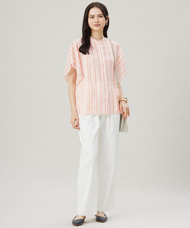 自由区 L 【接触冷感・吸水速乾・洗える】ナチュラルリネンフレア袖 シャツ ホワイト×オレンジ