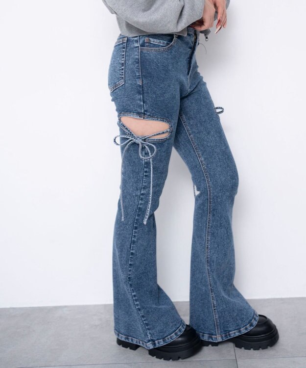 WEGO 【SMサイズ展開/伸びる】カットアウトリボンストレッチフレアデニムパンツ デニム中濃加工色
