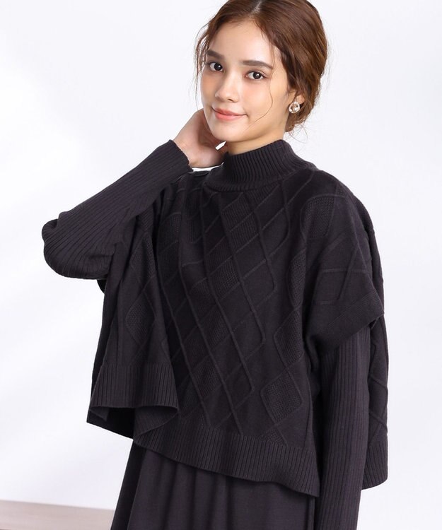 Tiaclasse 【2点セット】ケーブルトップス＆ニットワンピースセット チャコール