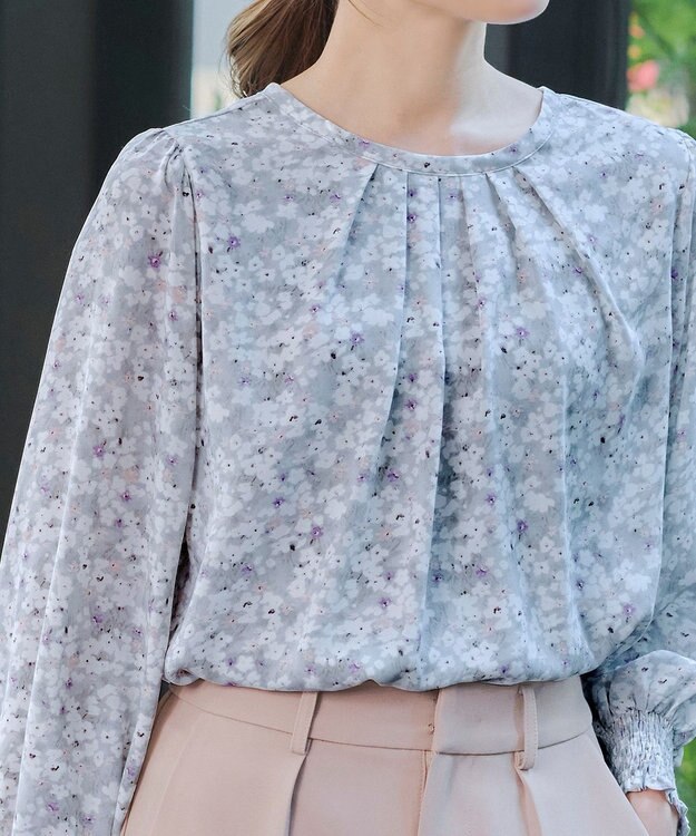 Tiaclasse 【洗える】2WAY花柄ブラウス サックスグレー