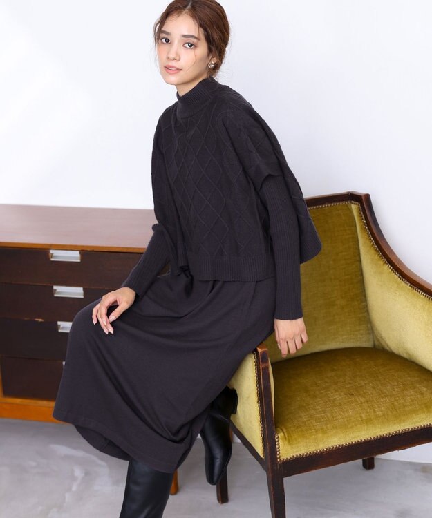 Tiaclasse 【2点セット】ケーブルトップス＆ニットワンピースセット チャコール