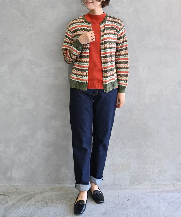 muuc 〈高品質シルク100%〉〈通年着られる〉袖リブあり シェルボタン使用 透かしレース編み シルクマルチボーダーカーディガン グリーンオレンジ