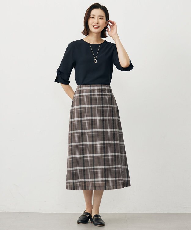 J.PRESS LADIES L 【洗える】シアーチェック スカート ブラウン系