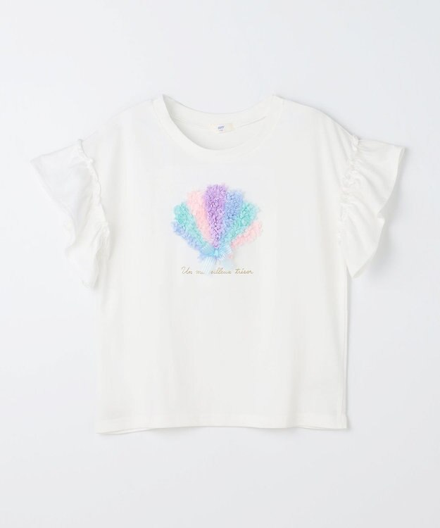 ANY KIDS 【綿100%】ひんやり フリル袖 もしゃもしゃTシャツ オフホワイト×シェル