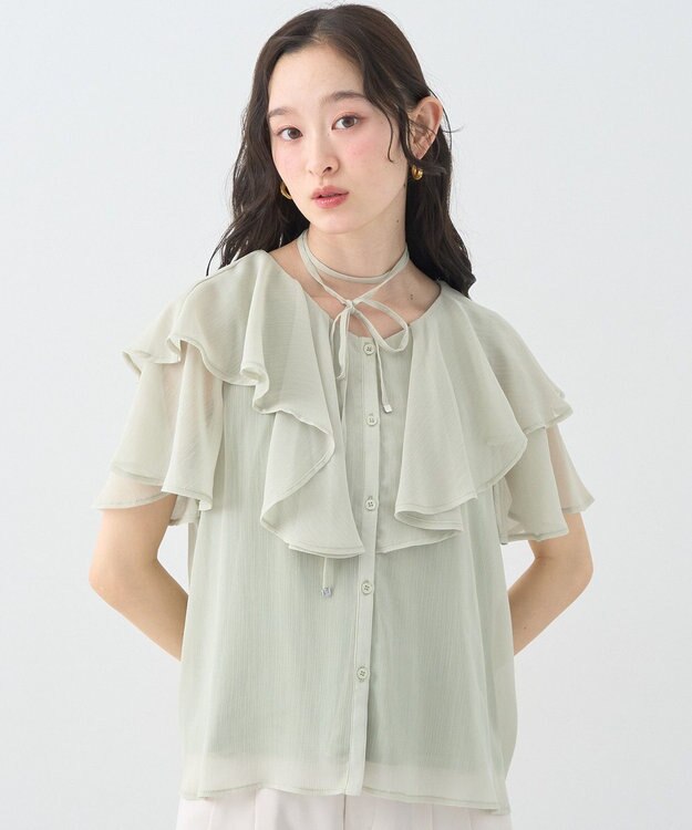 earth music&ecology チョーカー付き楊柳ラッフルブラウス Light Green