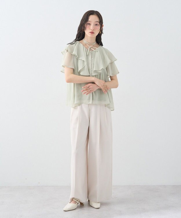 earth music&ecology チョーカー付き楊柳ラッフルブラウス Light Green