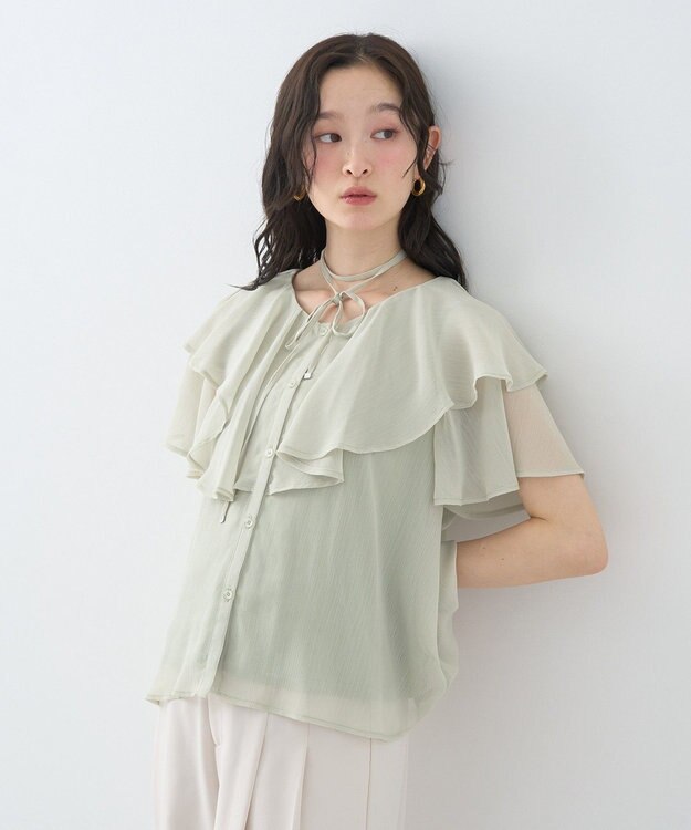 earth music&ecology チョーカー付き楊柳ラッフルブラウス Light Green