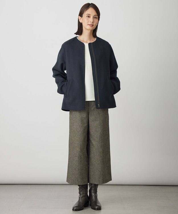 J.PRESS LADIES L ウールナイロンリバー ノーカラー コート ミッドナイト系