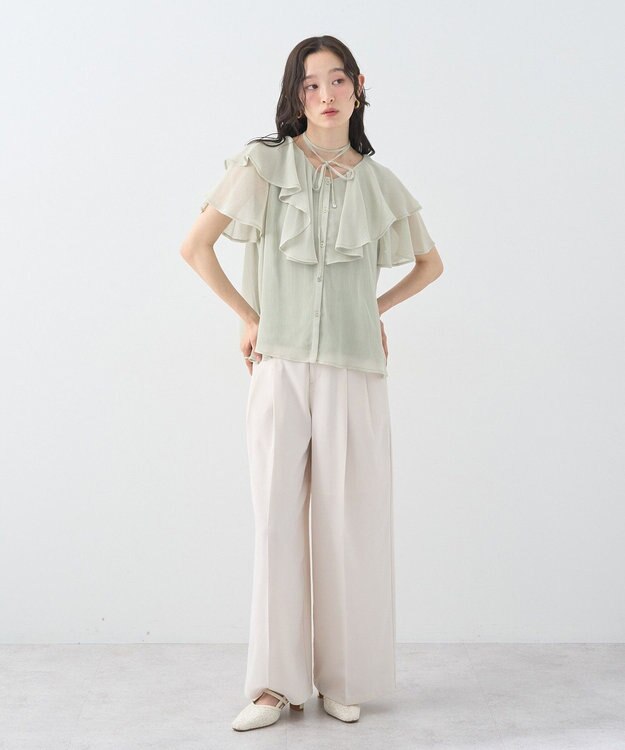 earth music&ecology チョーカー付き楊柳ラッフルブラウス Light Green