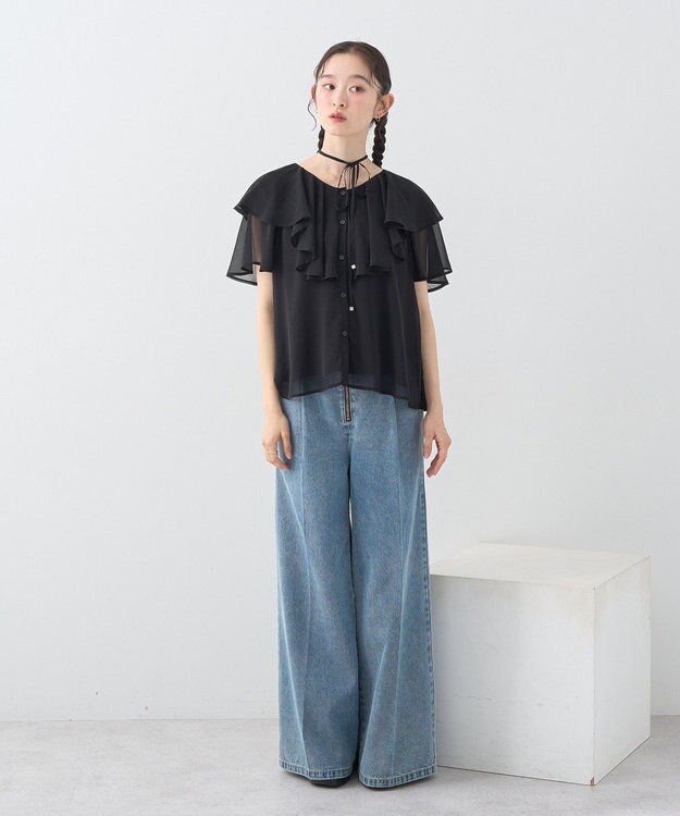 earth music&ecology チョーカー付き楊柳ラッフルブラウス Black