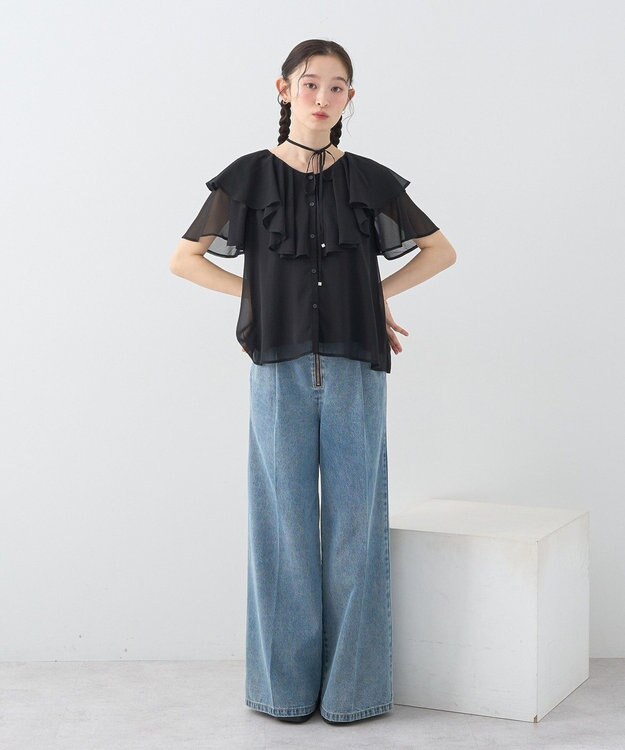 earth music&ecology チョーカー付き楊柳ラッフルブラウス Black