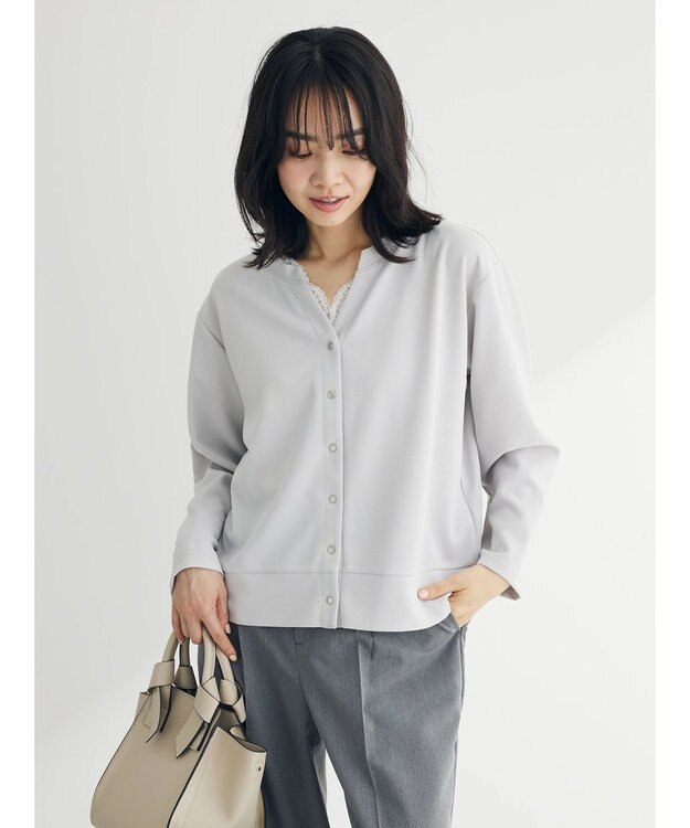 Green Parks カットジョーゼットドットボタンカーディガン Light Gray