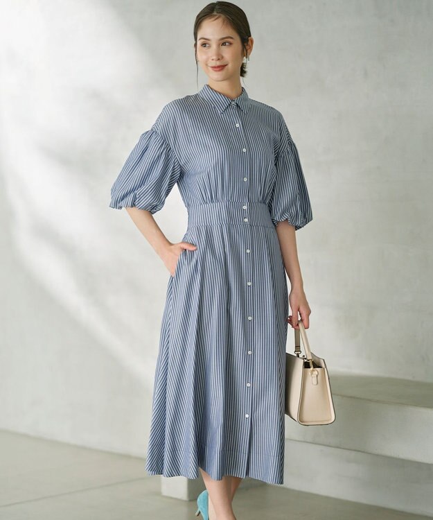 組曲 【WEB限定カラーあり】ボリュームスリーブシャツワンピース 【WEB限定】ブルー×ストライプ系9
