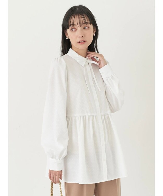 earth music&ecology リボン付き切り替えギャザーシャツチュニック Off White