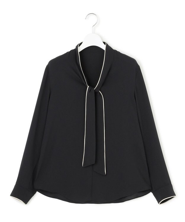 ICB L 【接触冷感・UVケア・速乾・洗える】BackSatinAmunzen 配色ボウタイブラウス ブラック系