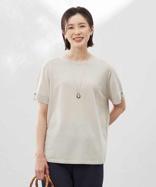 J.PRESS LADIES L 【洗える】COTTON POLYESTER 袖ボタン ニット ベージュ系