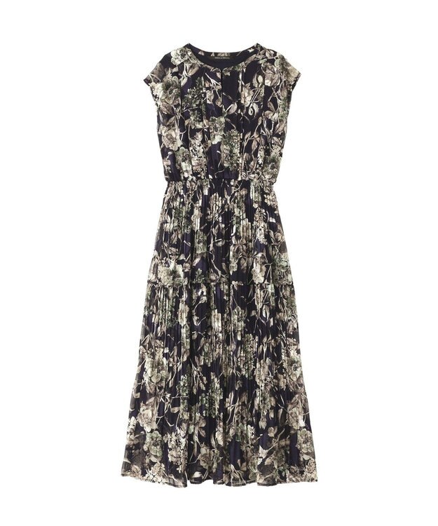 YECCA VECCA フラワー柄シアープリーツワンピース Navy