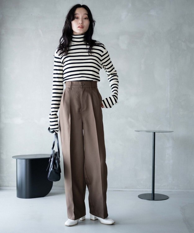 WEGO 【手洗い可】ハイウエストセンタープレスワイドパンツ ブラウン