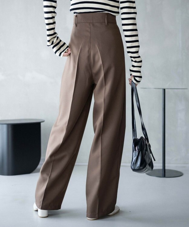 WEGO 【手洗い可】ハイウエストセンタープレスワイドパンツ ブラウン