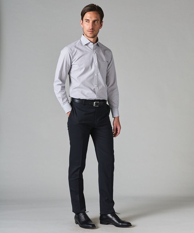 GOTAIRIKU 【形態安定】PREMIUMPLEATS_スモールワイドカラー 通年ドレスシャツ グレー×白ストライプ