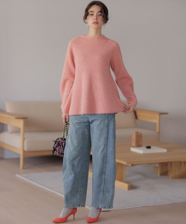 組曲 L へアリーヤーン フレア ニット アプリコットピンク系