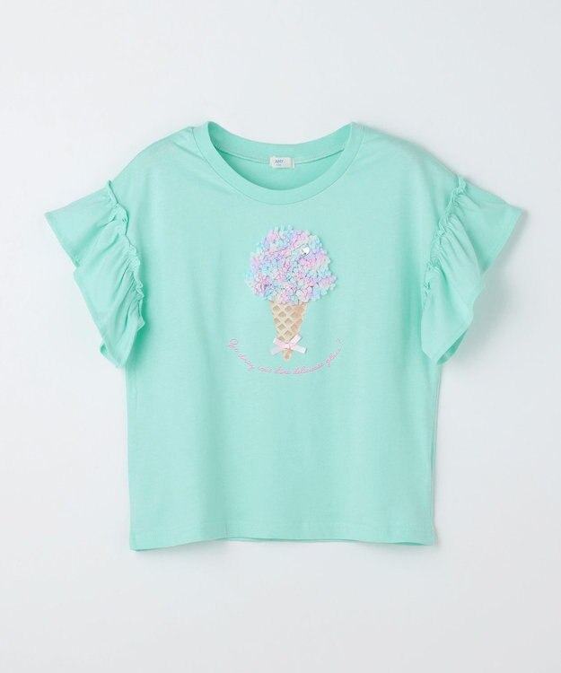 ANY KIDS 【綿100%】ひんやり フリル袖 もしゃもしゃTシャツ ミント×アイス