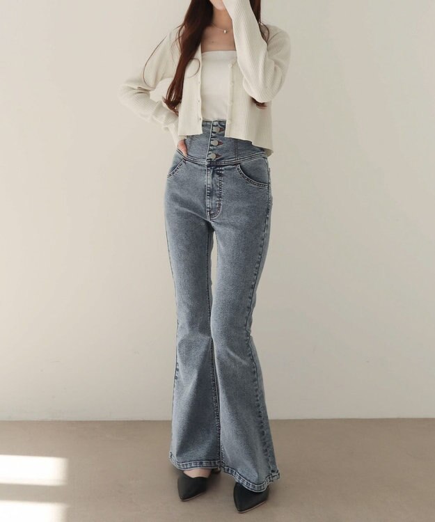 WEGO 【ストレッチ/美脚/脚長シルエット/XSSMサイズ展開】ハイウエストストレッチフレアデニムパンツ デニム中濃加工色