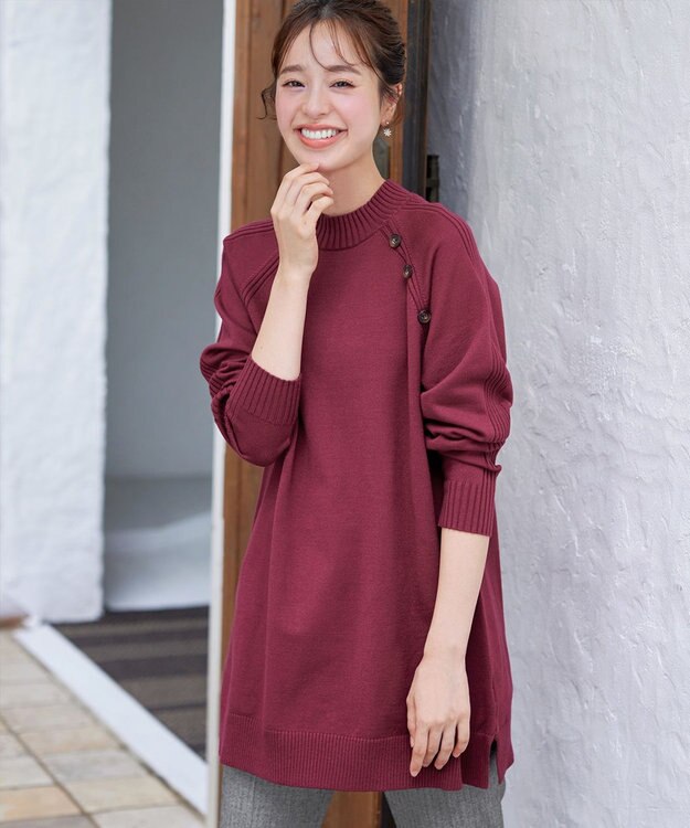 Tiaclasse 【安田美沙子さん着用・選べる2type・新色追加】ボタンニットチュニック モックネック：ワイン