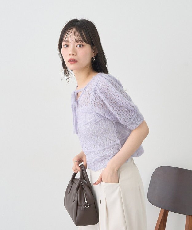 earth music&ecology キャットヤーン透かし編みニットプルオーバー Grayish Blue