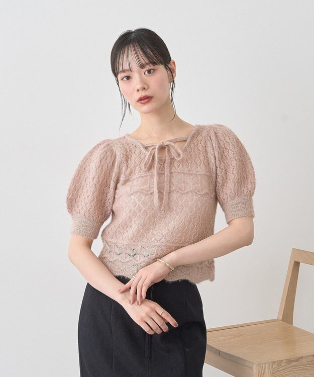 earth music&ecology キャットヤーン透かし編みニットプルオーバー Beige