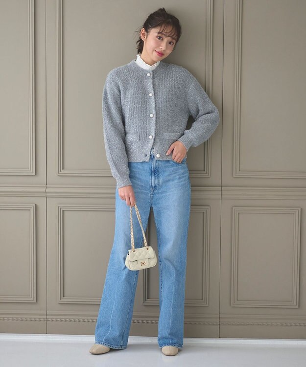 Feroux 【洗える】ラメシャギー カーディガン ライトグレー系