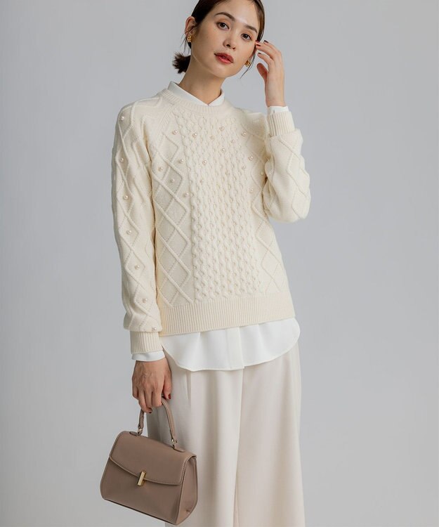 組曲 【WEB限定】パール釦ケーブル ニット アイボリー系