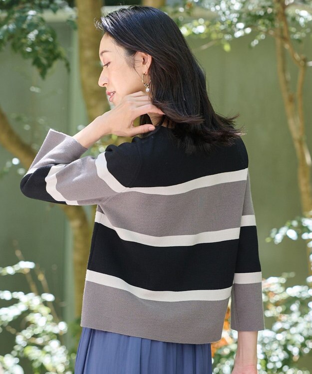 自由区 S 【洗える】ウールミラノボーダー ニット モーブ×シャンパンベージュ×ブラック