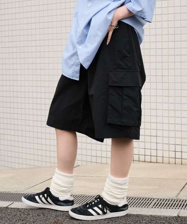 WEGO 【撥水/速乾/ウエストゴム/ユニセックス着用ITEM/MLサイズ展開】ナイロンイージーバギーカーゴショーツ ブラック