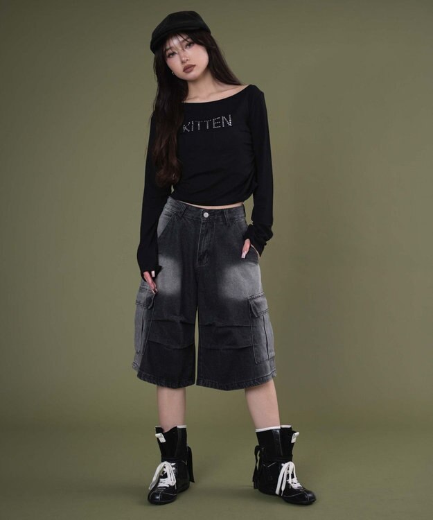 WEGO フラップポケットニータックカーゴハーフパンツ ブラック