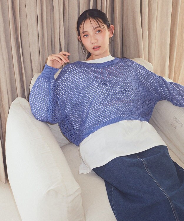 earth music&ecology スパンコールメッシュニットプルオーバー Light Blue