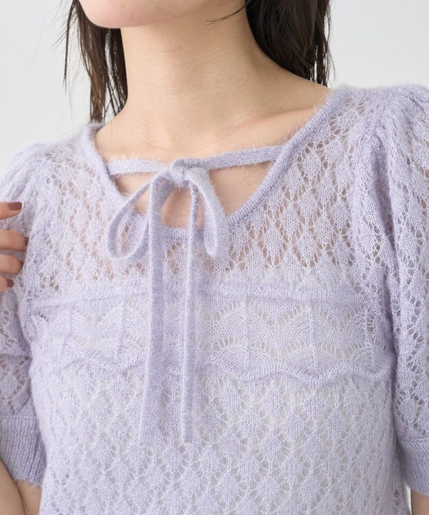 earth music&ecology キャットヤーン透かし編みニットプルオーバー Grayish Blue