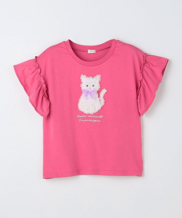 ANY KIDS 【綿100%】ひんやり フリル袖 もしゃもしゃTシャツ ピンク×ネコ