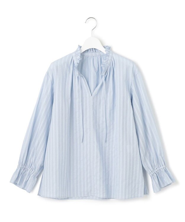 23区 L 【WEB限定/洗える】コットンカラミストライプ スキッパー ブラウス サックスブルー系