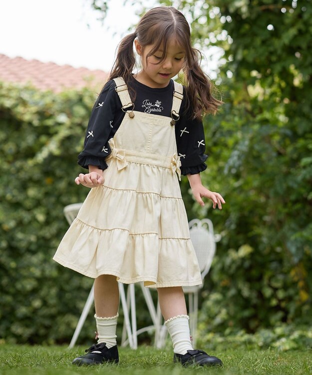 ANY KIDS リボン×チュール 七分袖Tシャツ ブラック