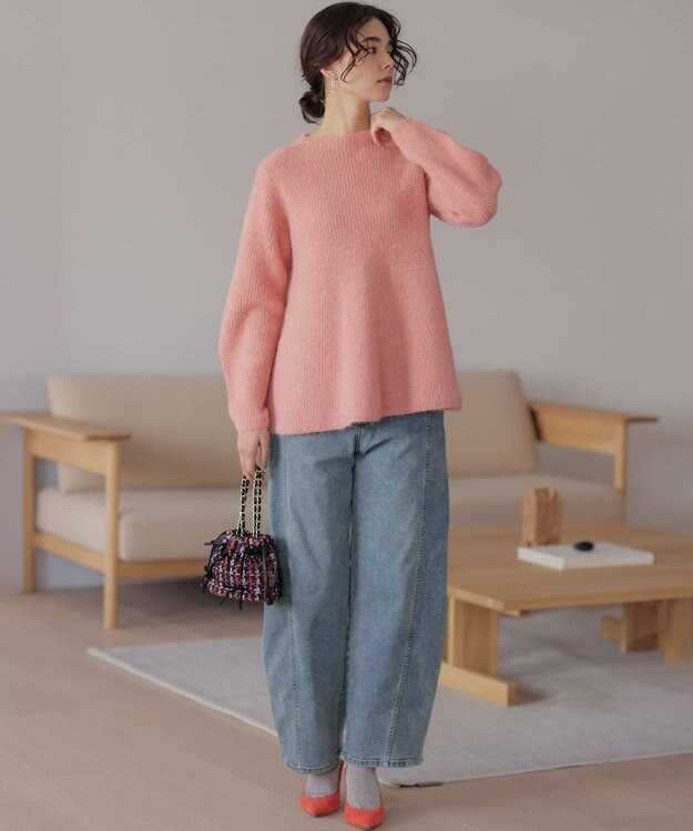 組曲 L へアリーヤーン フレア ニット アプリコットピンク系