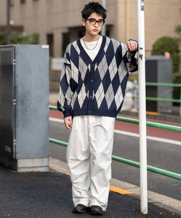 WEGO リラックスフィットパターンカーディガン ネイビー